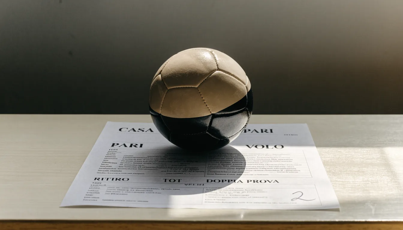 Un pallone da calcio appoggiato su una schedina bianca su un tavolo di legno, alla luce del giorno