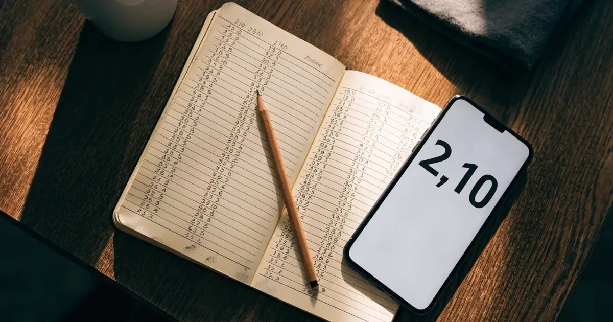 Un quaderno aperto con quote scritte a mano, una calcolatrice e una matita su un tavolo di legno