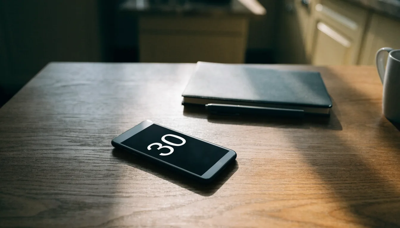 Un documento di identità appoggiato accanto a uno smartphone con un timer sullo schermo, su un tavolo da cucina