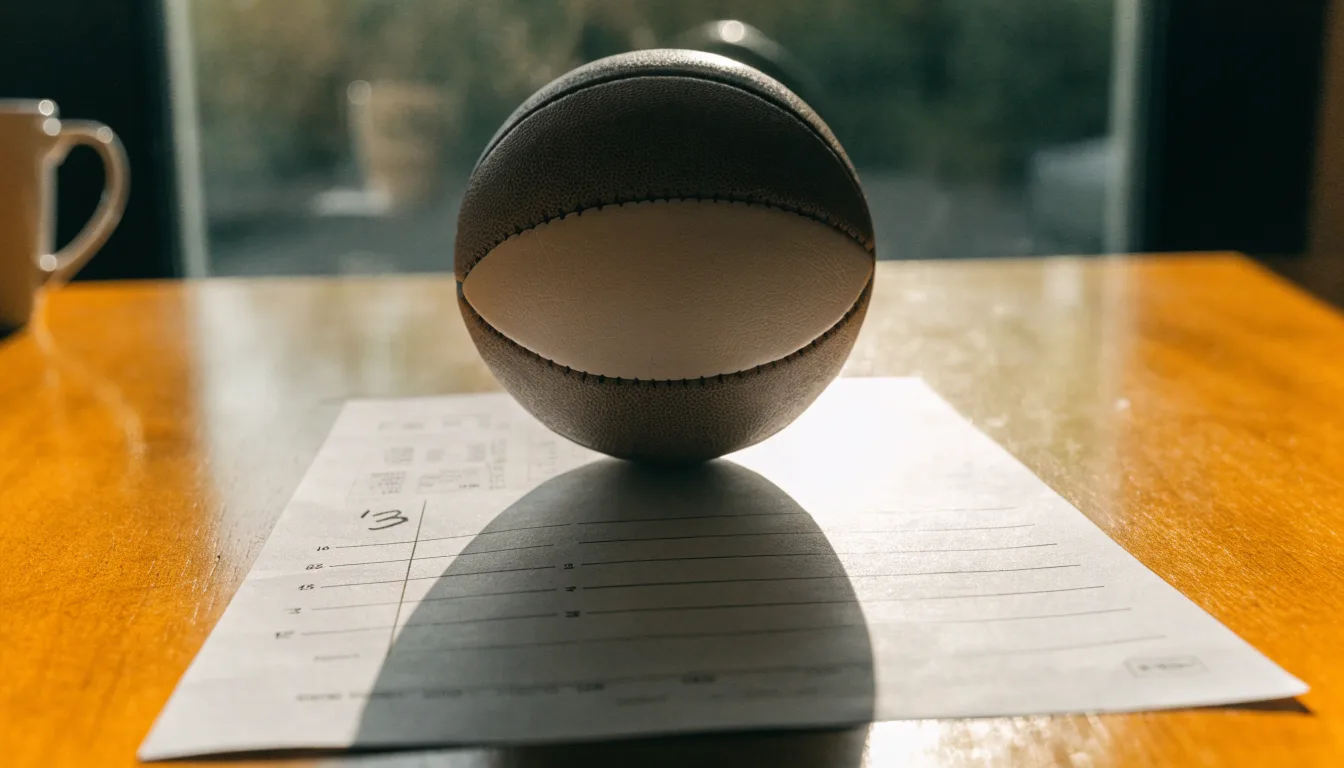 Un pallone da calcio appoggiato su una schedina bianca su un tavolo di legno, alla luce del giorno