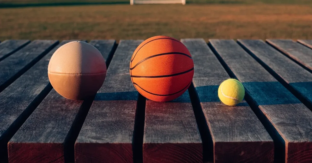 Tre palloni di sport diversi allineati uno accanto all'altro su una panca di legno