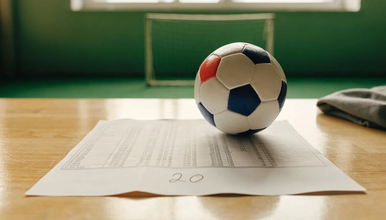 Un pallone da calcio appoggiato su una schedina bianca su un tavolo di legno, alla luce del giorno