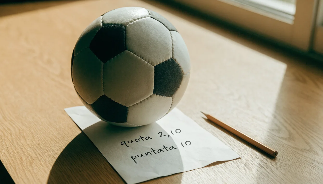 Un pallone da calcio appoggiato su una schedina bianca su un tavolo di legno, alla luce del giorno