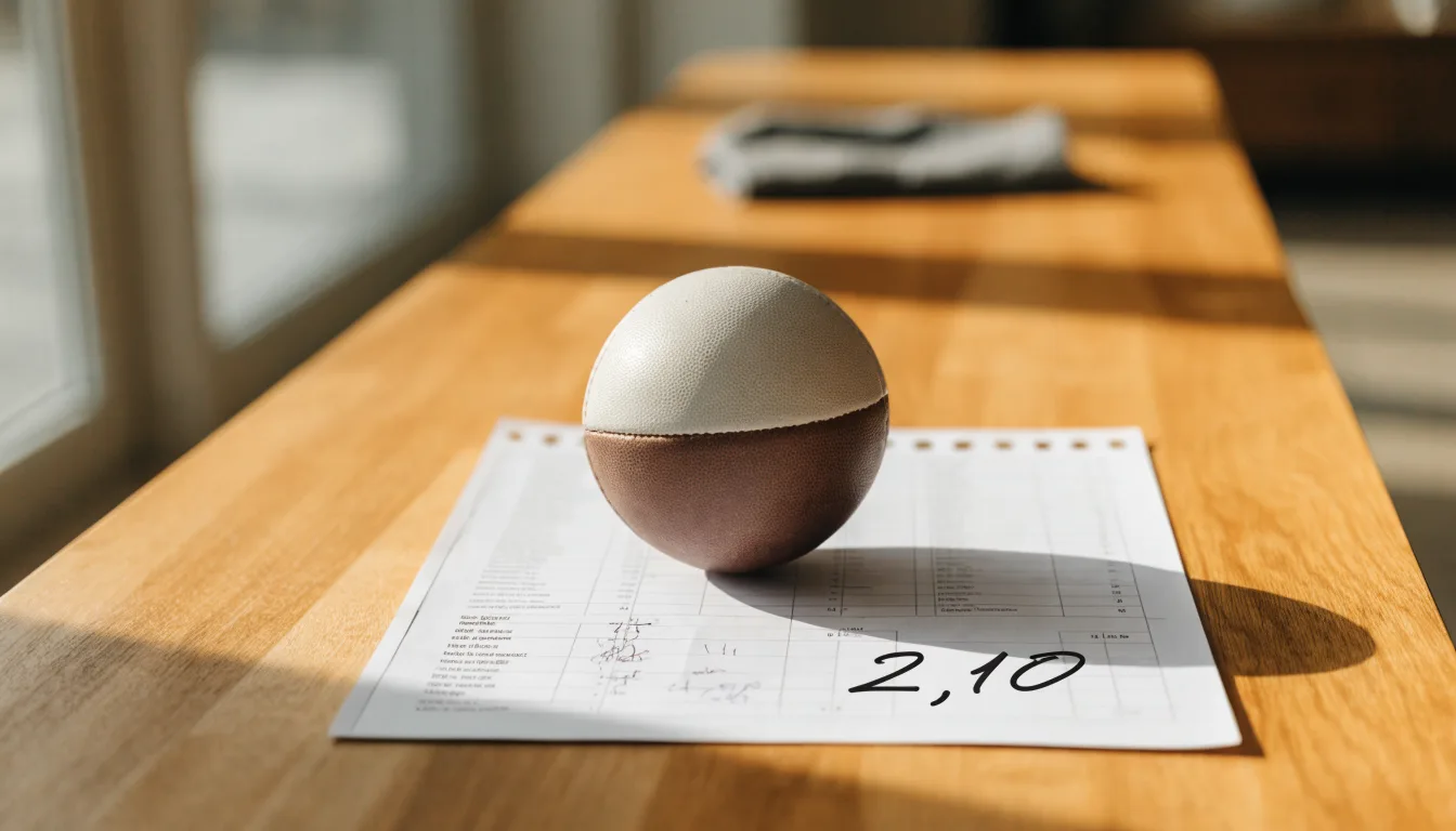Un pallone da calcio appoggiato su una schedina bianca su un tavolo di legno, alla luce del giorno