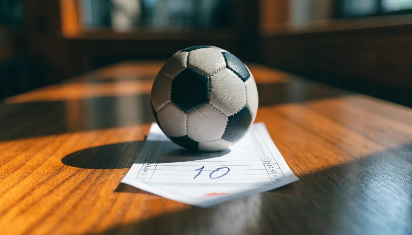 Un pallone da calcio appoggiato su una schedina bianca su un tavolo di legno, alla luce del giorno
