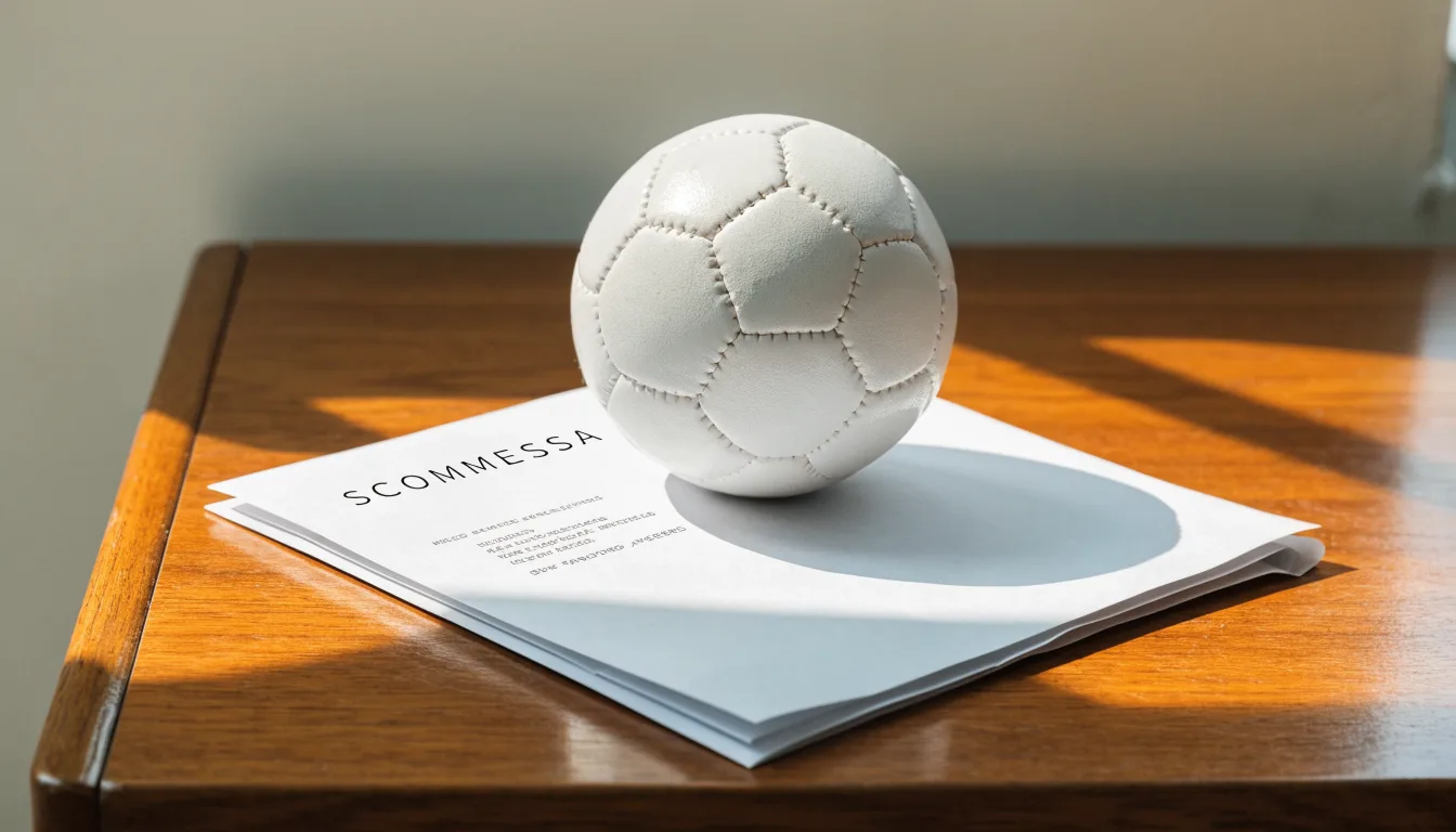 Un pallone da calcio appoggiato su una schedina bianca su un tavolo di legno, alla luce del giorno