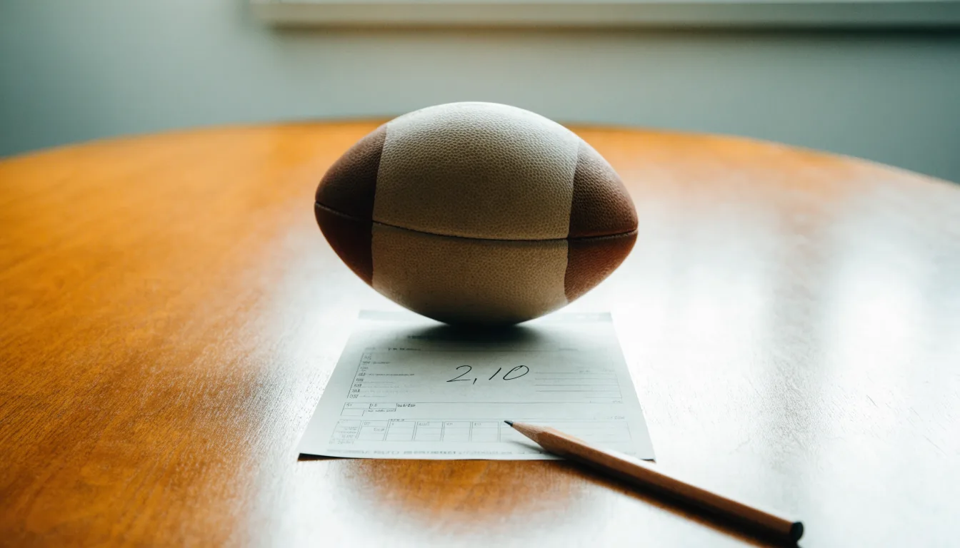 Un pallone da calcio appoggiato su una schedina bianca su un tavolo di legno, alla luce del giorno