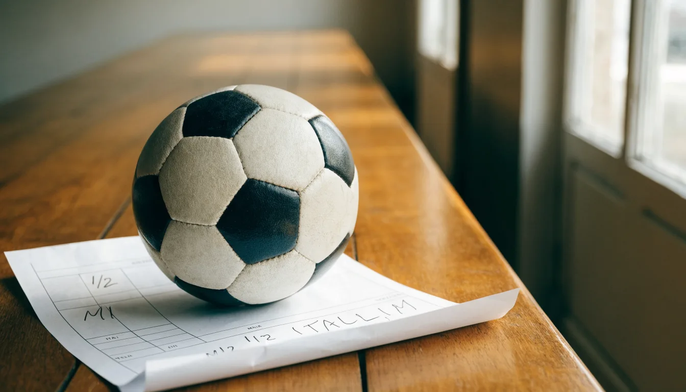 Un pallone da calcio appoggiato su una schedina bianca su un tavolo di legno, alla luce del giorno