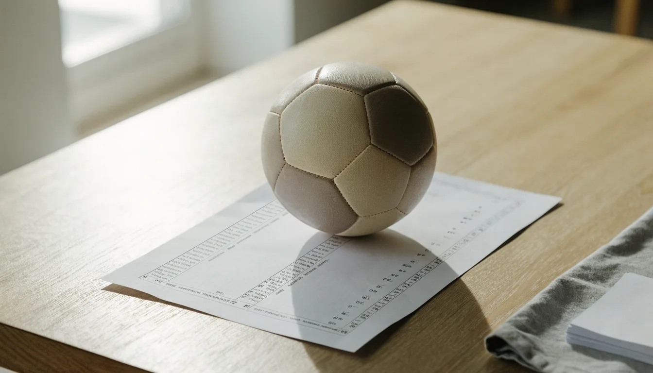 Un pallone da calcio appoggiato su una schedina bianca su un tavolo di legno, alla luce del giorno