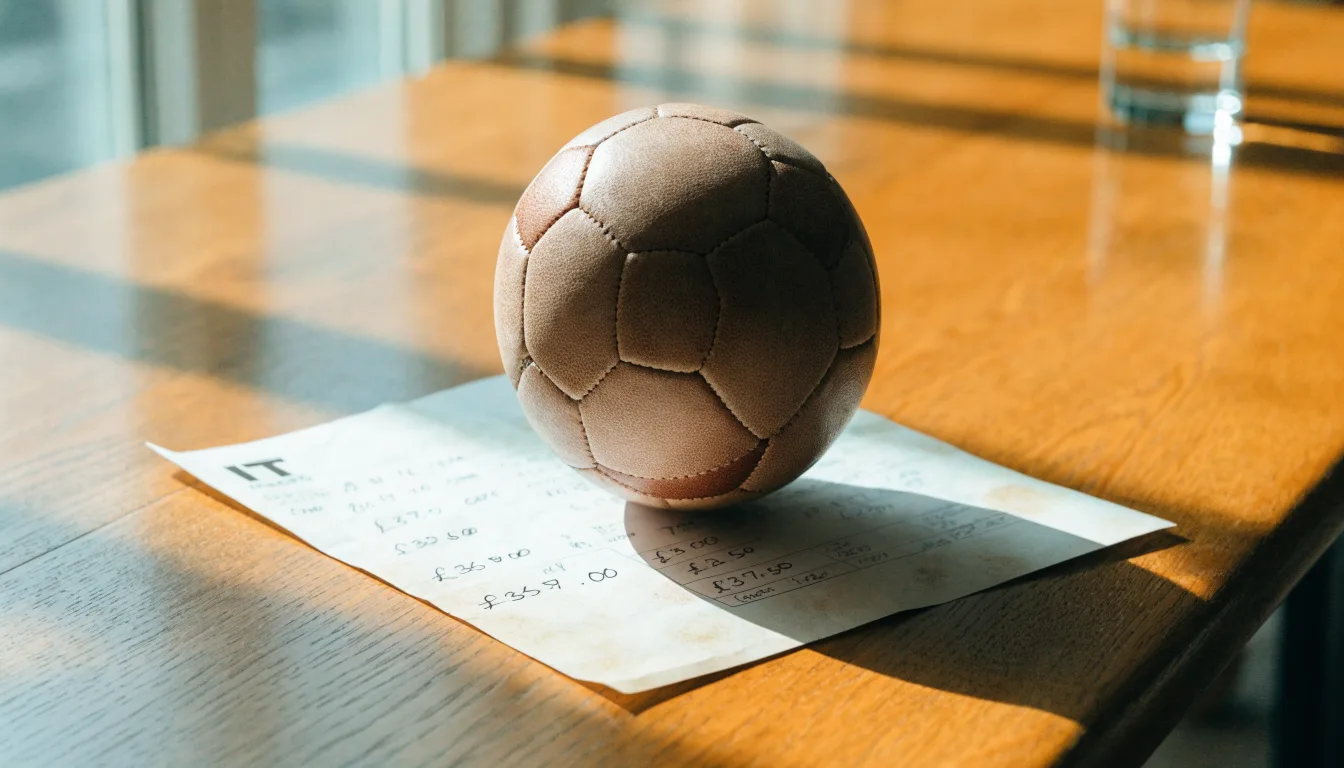 Un pallone da calcio appoggiato su una schedina bianca su un tavolo di legno, alla luce del giorno