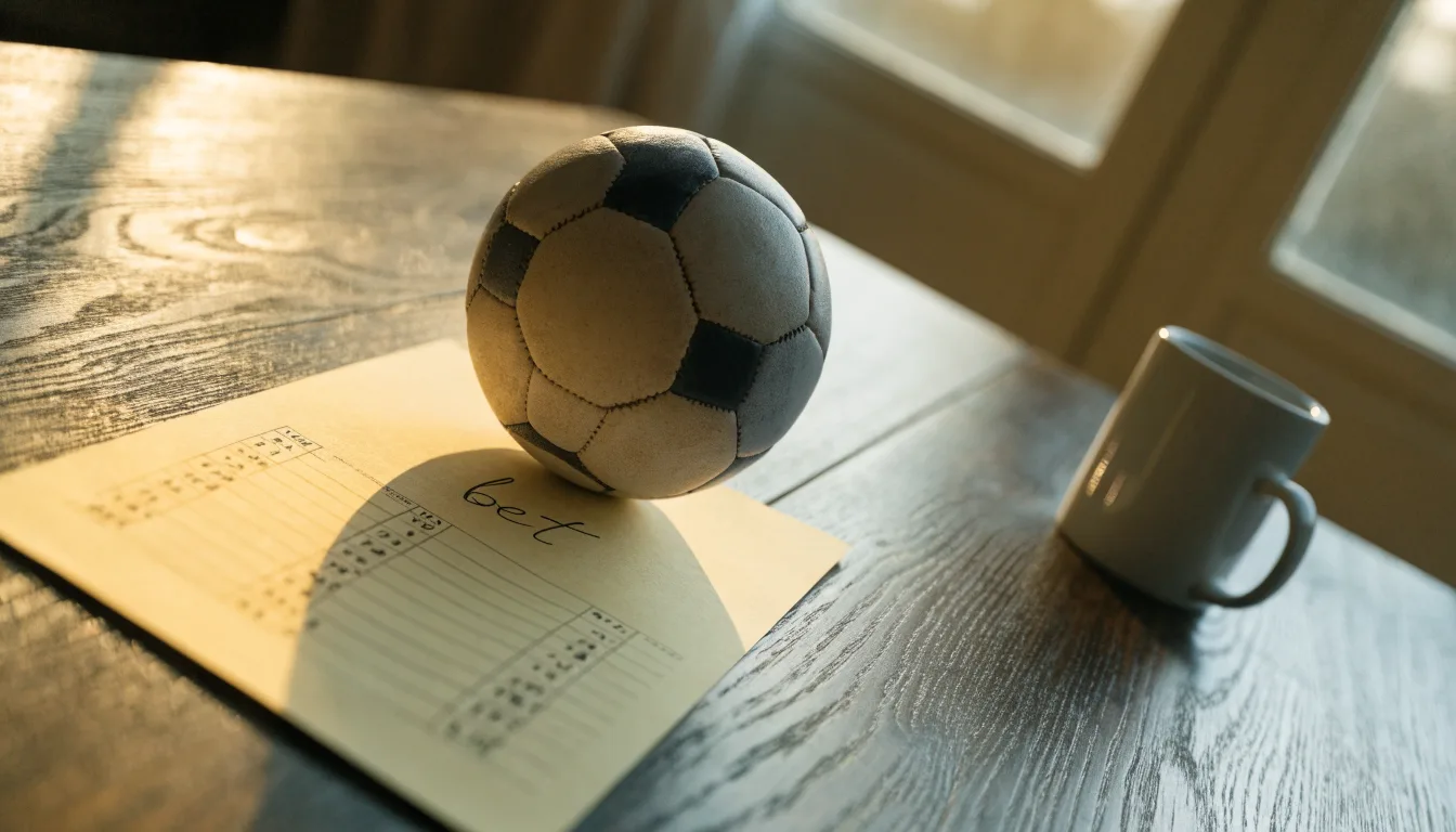 Un pallone da calcio appoggiato su una schedina bianca su un tavolo di legno, alla luce del giorno
