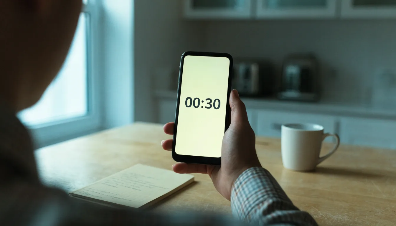 Un documento di identità appoggiato accanto a uno smartphone con un timer sullo schermo, su un tavolo da cucina