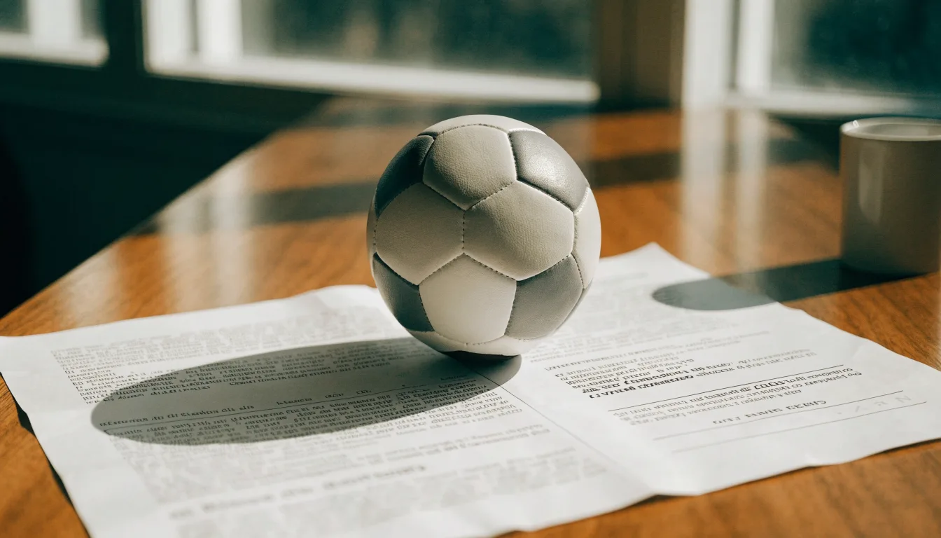 Un pallone da calcio appoggiato su una schedina bianca su un tavolo di legno, alla luce del giorno