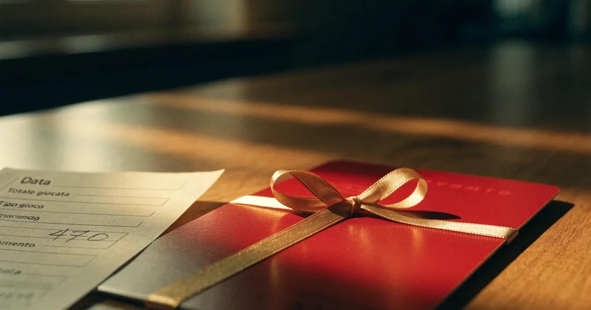 Un biglietto regalo con un nastro dorato accanto a una schedina su un bancone di legno