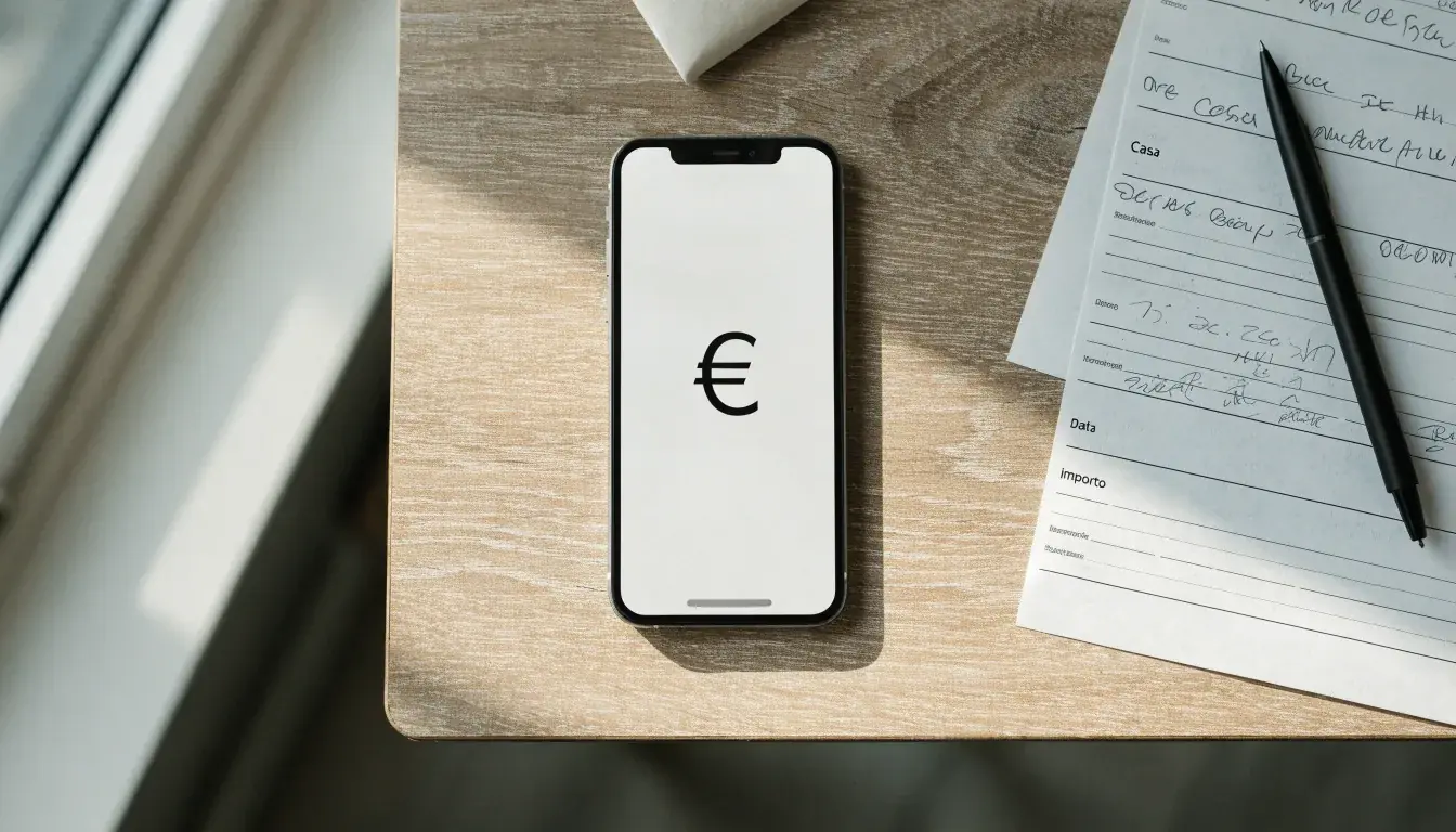 Un foglio di concessione in carta con un timbro rosso, appoggiato su una scrivania di legno accanto a una penna