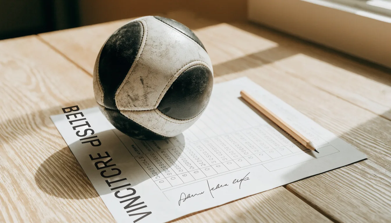 Un pallone da calcio appoggiato su una schedina bianca su un tavolo di legno, alla luce del giorno
