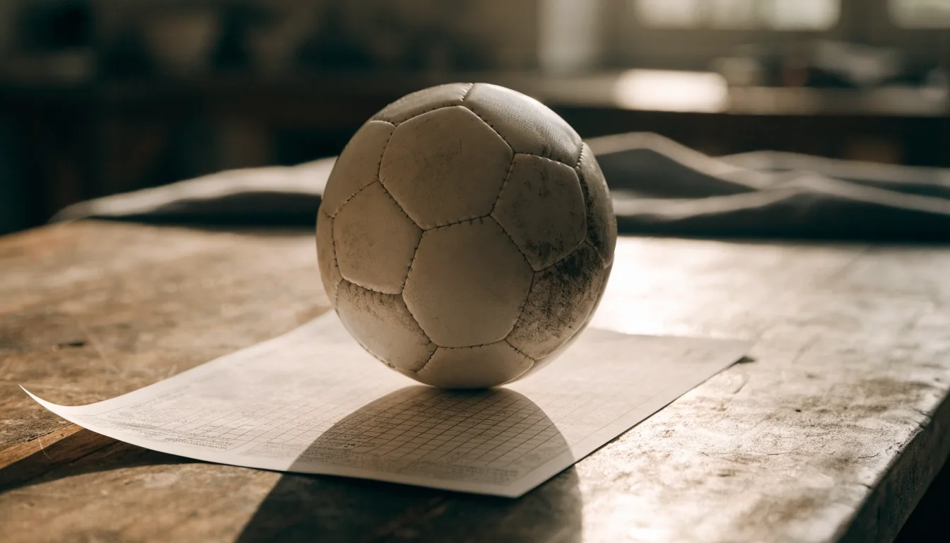 Un pallone da calcio appoggiato su una schedina bianca su un tavolo di legno, alla luce del giorno