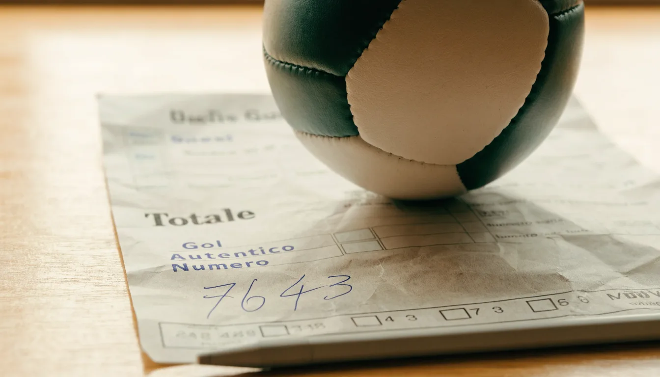 Un pallone da calcio appoggiato su una schedina bianca su un tavolo di legno, alla luce del giorno
