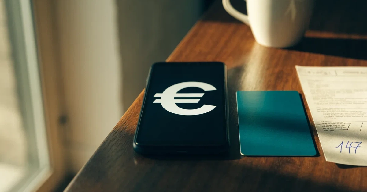 Uno smartphone e una carta di pagamento affiancati su un tavolo di legno, con alcune banconote da euro accanto
