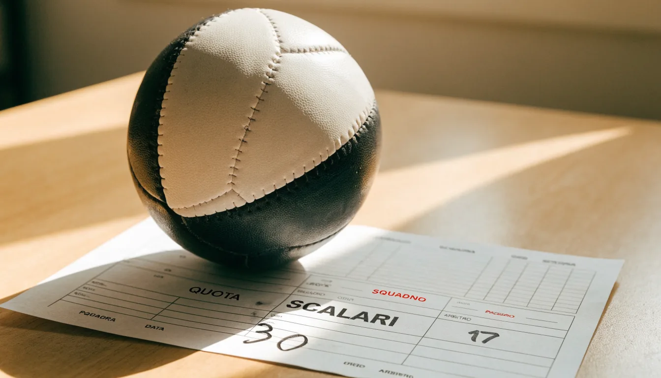 Un pallone da calcio appoggiato su una schedina bianca su un tavolo di legno, alla luce del giorno