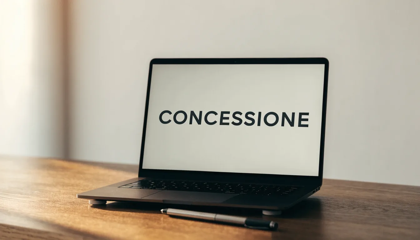 Un foglio di concessione in carta con un timbro rosso, appoggiato su una scrivania di legno accanto a una penna