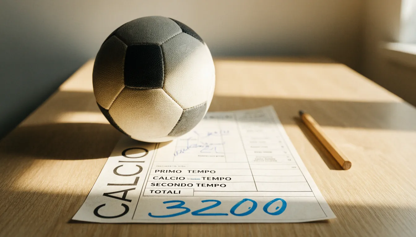 Un pallone da calcio appoggiato su una schedina bianca su un tavolo di legno, alla luce del giorno