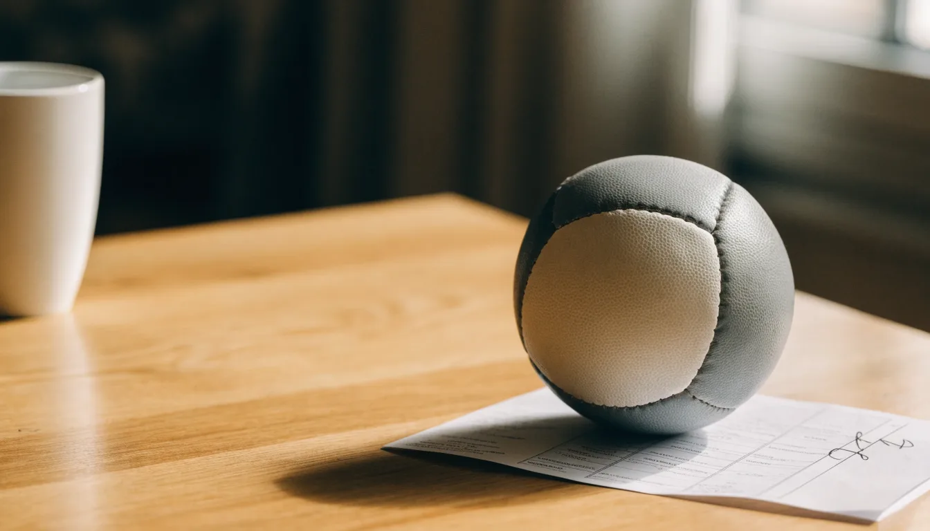Un pallone da calcio appoggiato su una schedina bianca su un tavolo di legno, alla luce del giorno