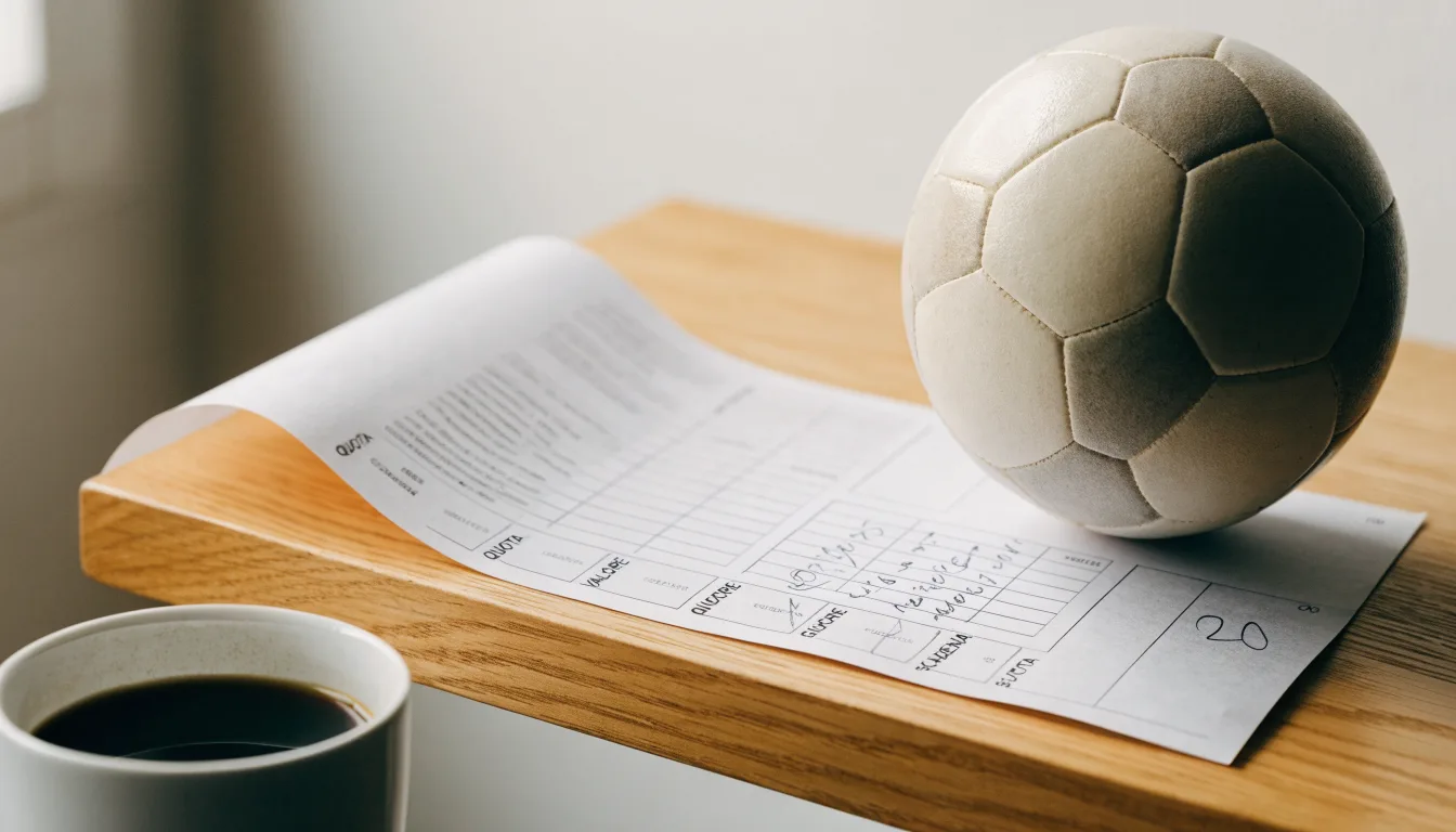 Un pallone da calcio appoggiato su una schedina bianca su un tavolo di legno, alla luce del giorno