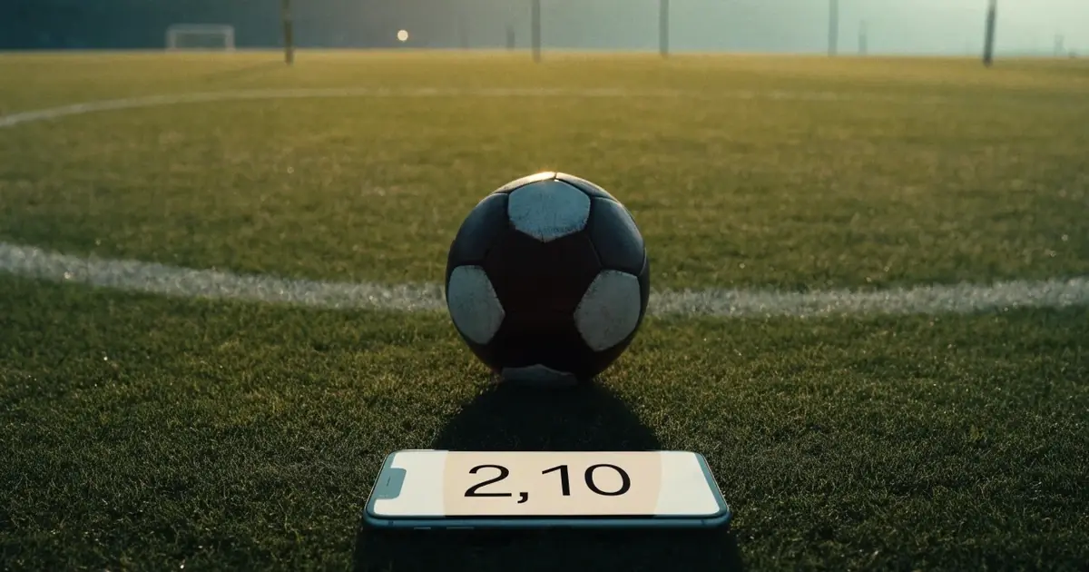 Un pallone da calcio sul dischetto del centrocampo di un prato, alla luce del mattino