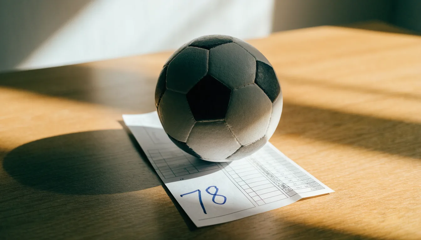 Un pallone da calcio appoggiato su una schedina bianca su un tavolo di legno, alla luce del giorno