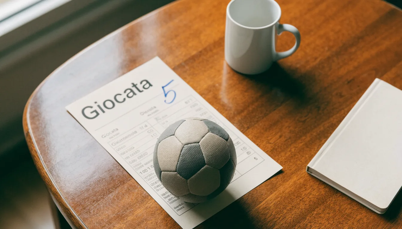 Un pallone da calcio appoggiato su una schedina bianca su un tavolo di legno, alla luce del giorno
