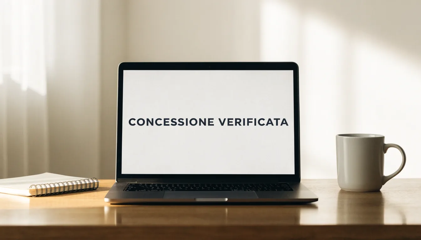 Un foglio di concessione in carta con un timbro rosso, appoggiato su una scrivania di legno accanto a una penna