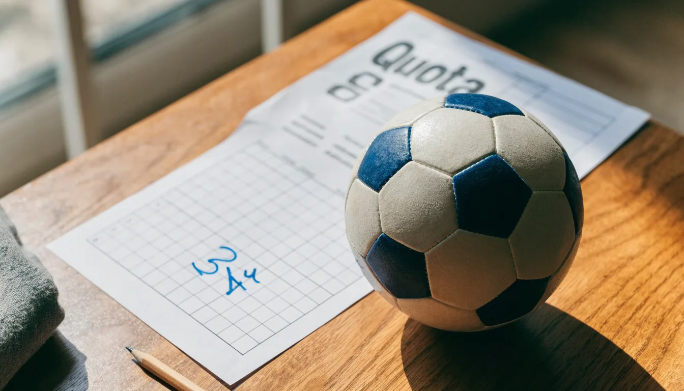 Un pallone da calcio appoggiato su una schedina bianca su un tavolo di legno, alla luce del giorno