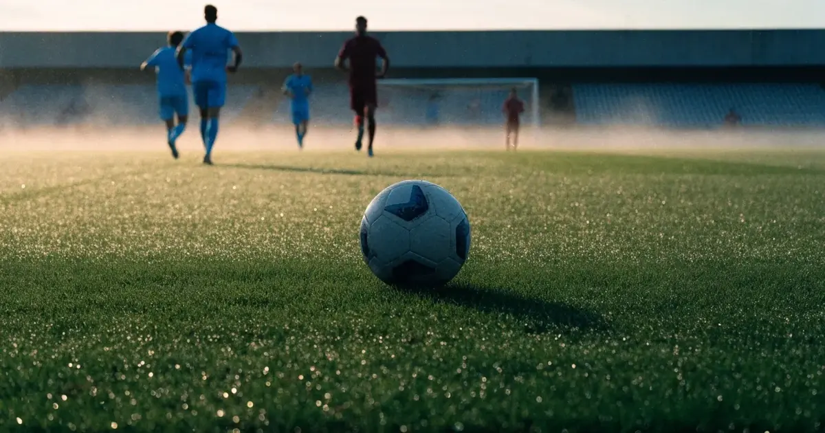Un pallone da calcio sul dischetto del centrocampo di un prato, alla luce del mattino