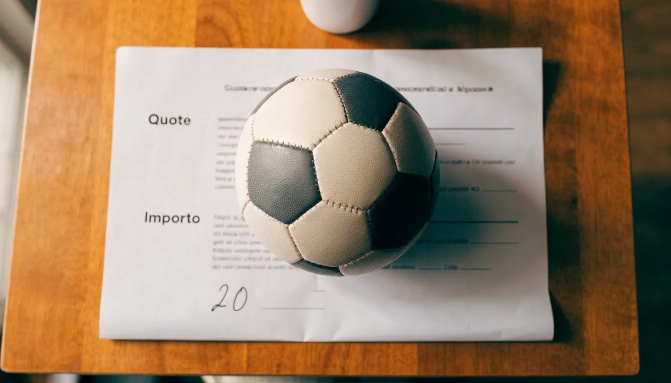 Un pallone da calcio appoggiato su una schedina bianca su un tavolo di legno, alla luce del giorno