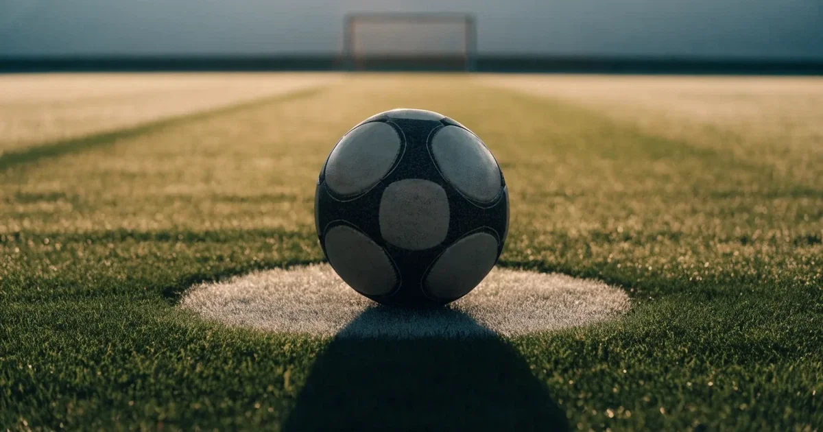 Un pallone da calcio sul dischetto del centrocampo di un prato, alla luce del mattino