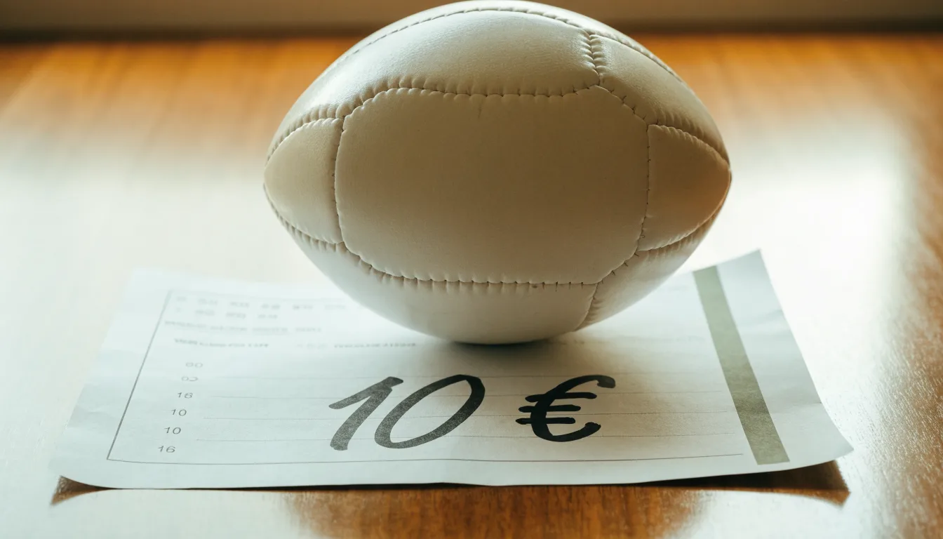 Un pallone da calcio appoggiato su una schedina bianca su un tavolo di legno, alla luce del giorno