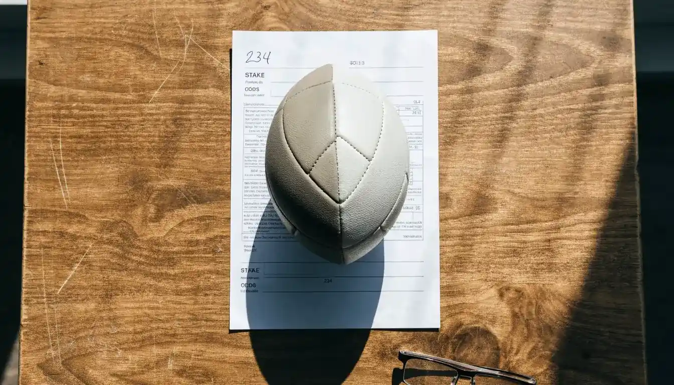 Un pallone da calcio appoggiato su una schedina bianca su un tavolo di legno, alla luce del giorno
