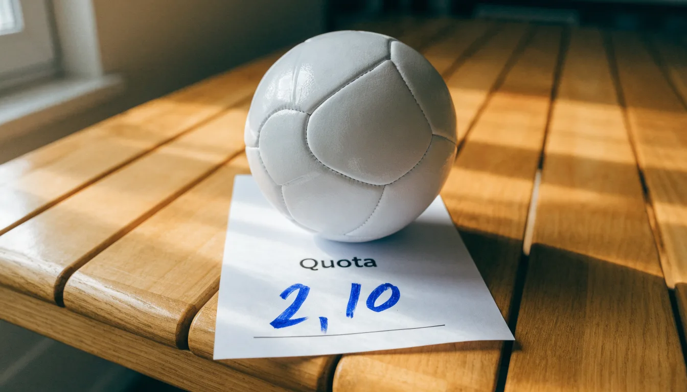 Un pallone da calcio appoggiato su una schedina bianca su un tavolo di legno, alla luce del giorno