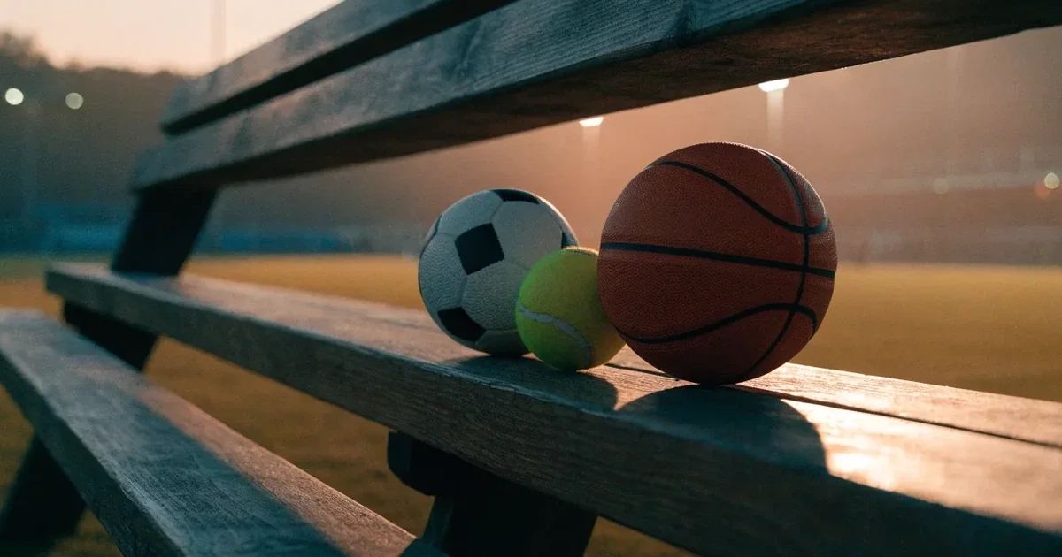 Tre palloni di sport diversi allineati uno accanto all'altro su una panca di legno