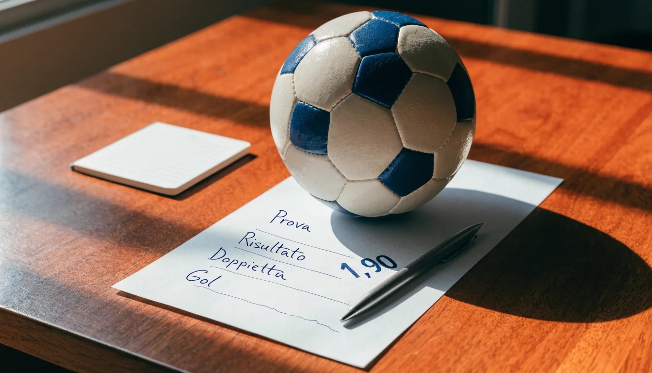 Un pallone da calcio appoggiato su una schedina bianca su un tavolo di legno, alla luce del giorno